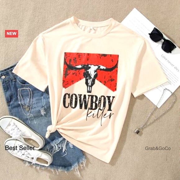 Vintage Western Graphic Tee Oversized Retro Cowboy Skull T-Shirt Casual Top - Picture 5 of 7
